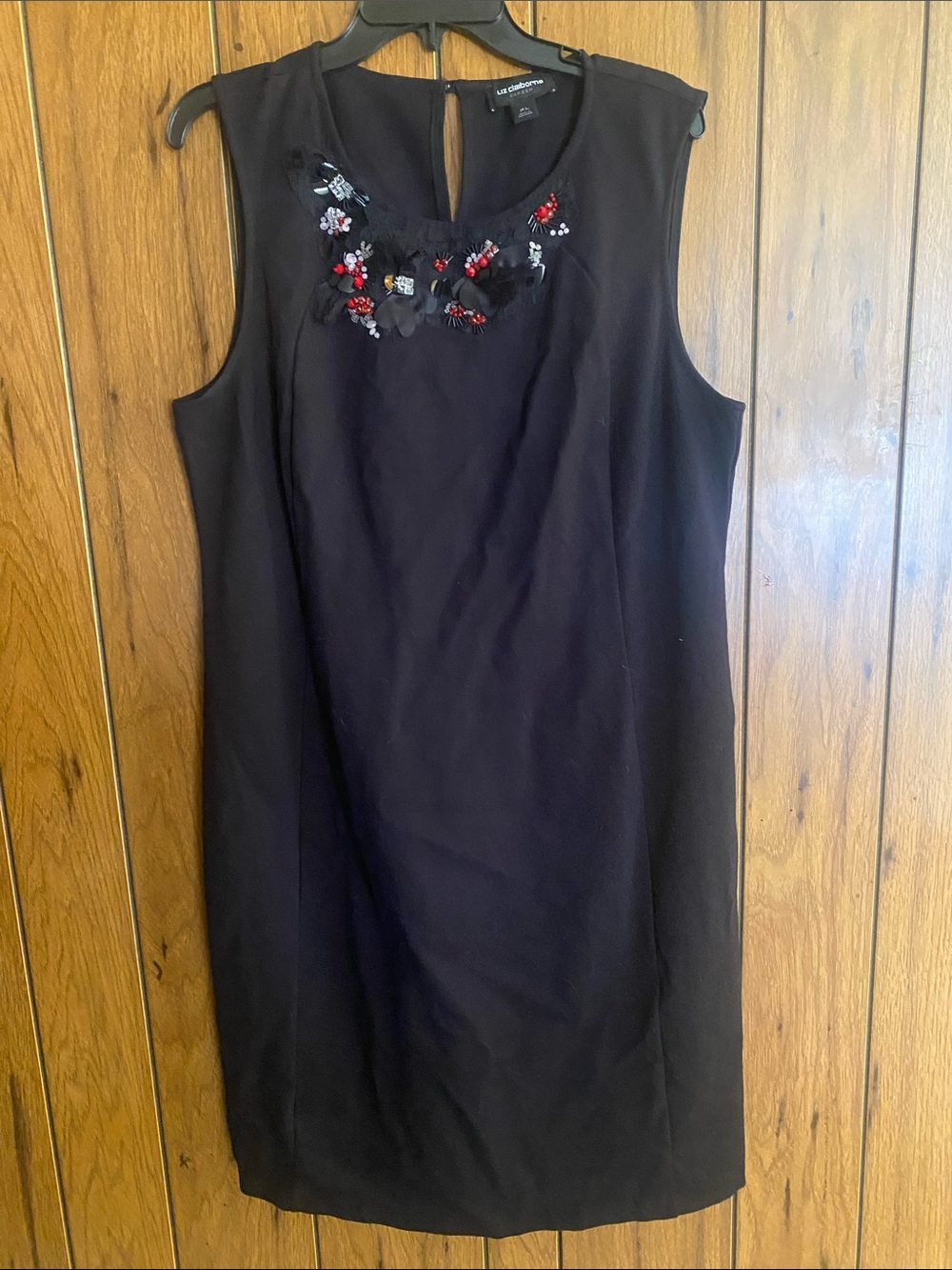 Liz Claiborne Black Sleeveless Shift Dress with Red & Silver Bead Accents